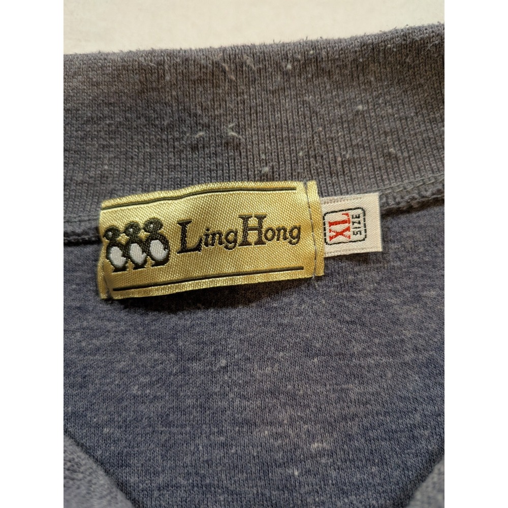 Ling Hong Gray Long Sleeve Polo Sweatshirt Fun Day Club Embroidered Mens XL - Picture 2 of 8
